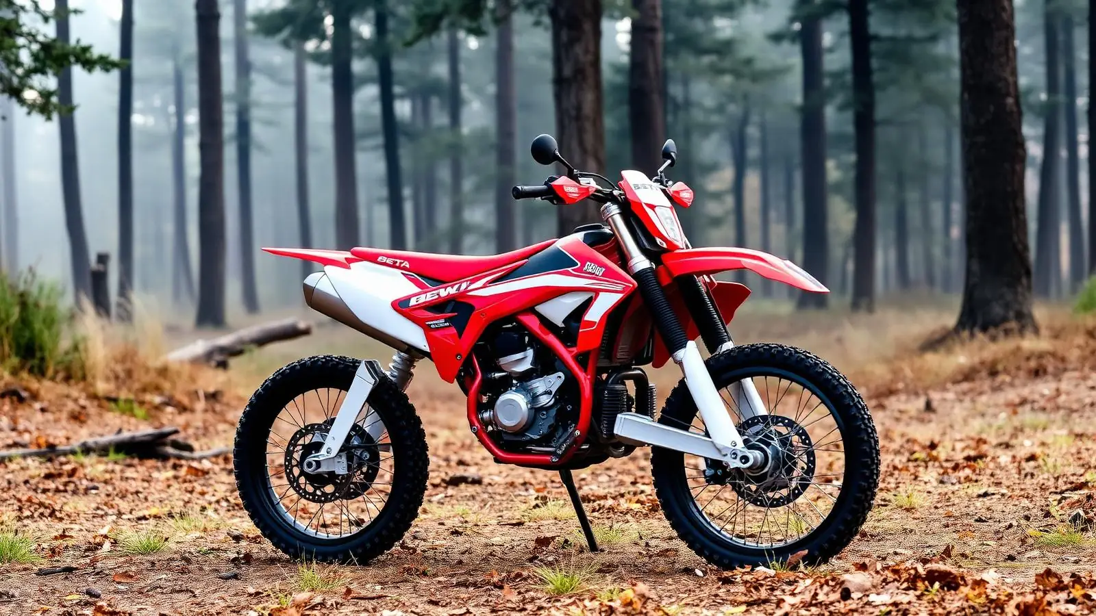 Beta RR 300 2026 אדומה ולבנה ביער בבוקר ערפילי